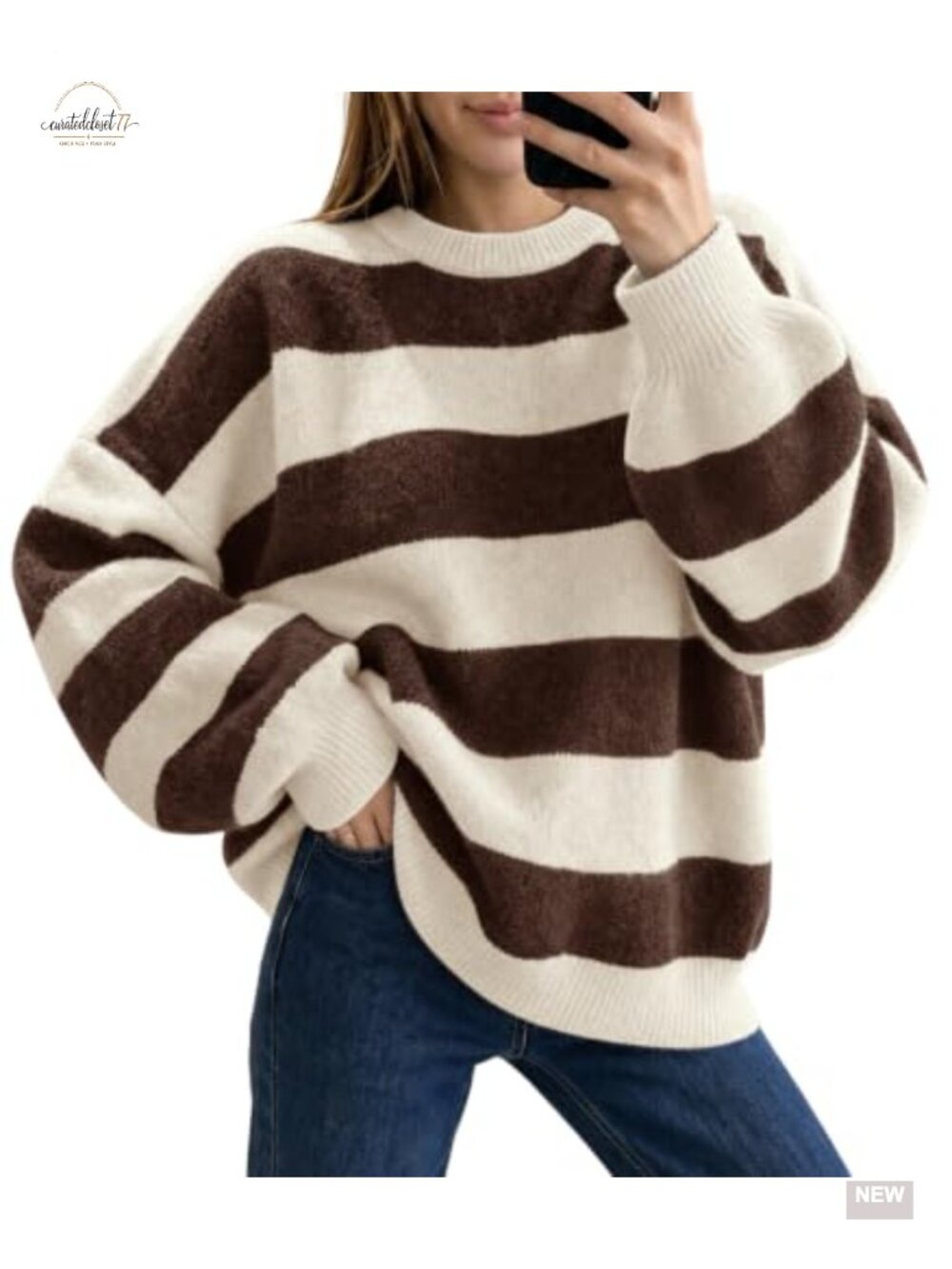 Oversized Striped Color Block Knit Pullover Lantern Sleeve Sweater